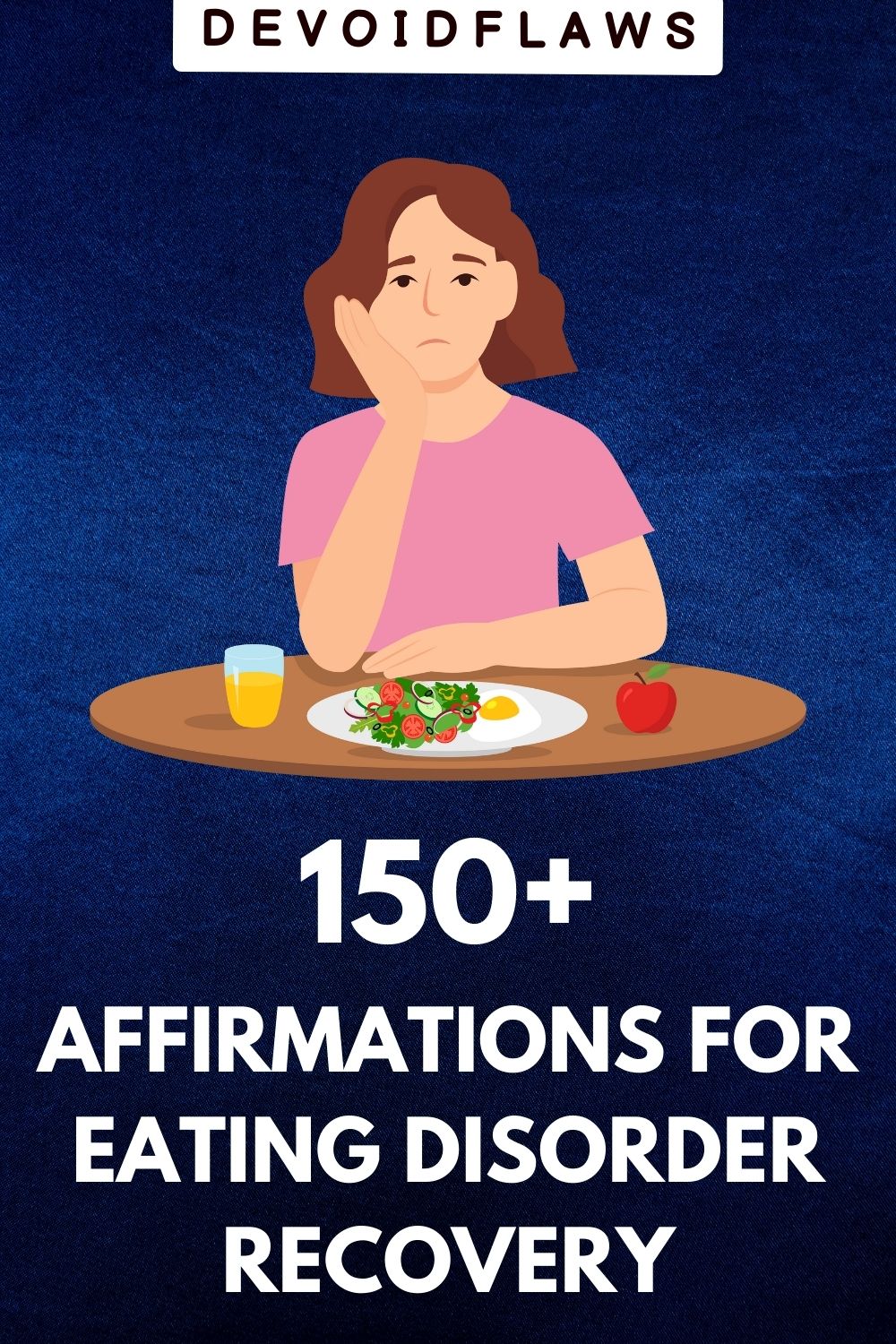 blue background image with text "150+ affirmations for eating disorder recovery"