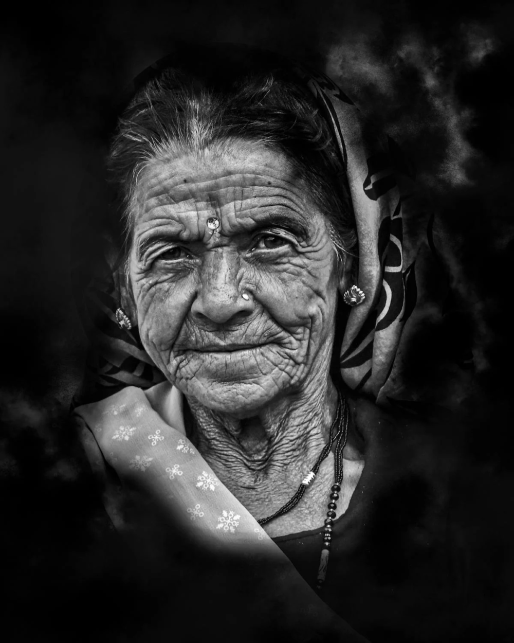black and white portrait of an old woman